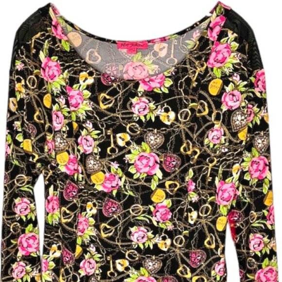 Betsey Johnson Secret Garden Top Roses Gold Rings Hearts - Black/Pink - L - Picture 2 of 10